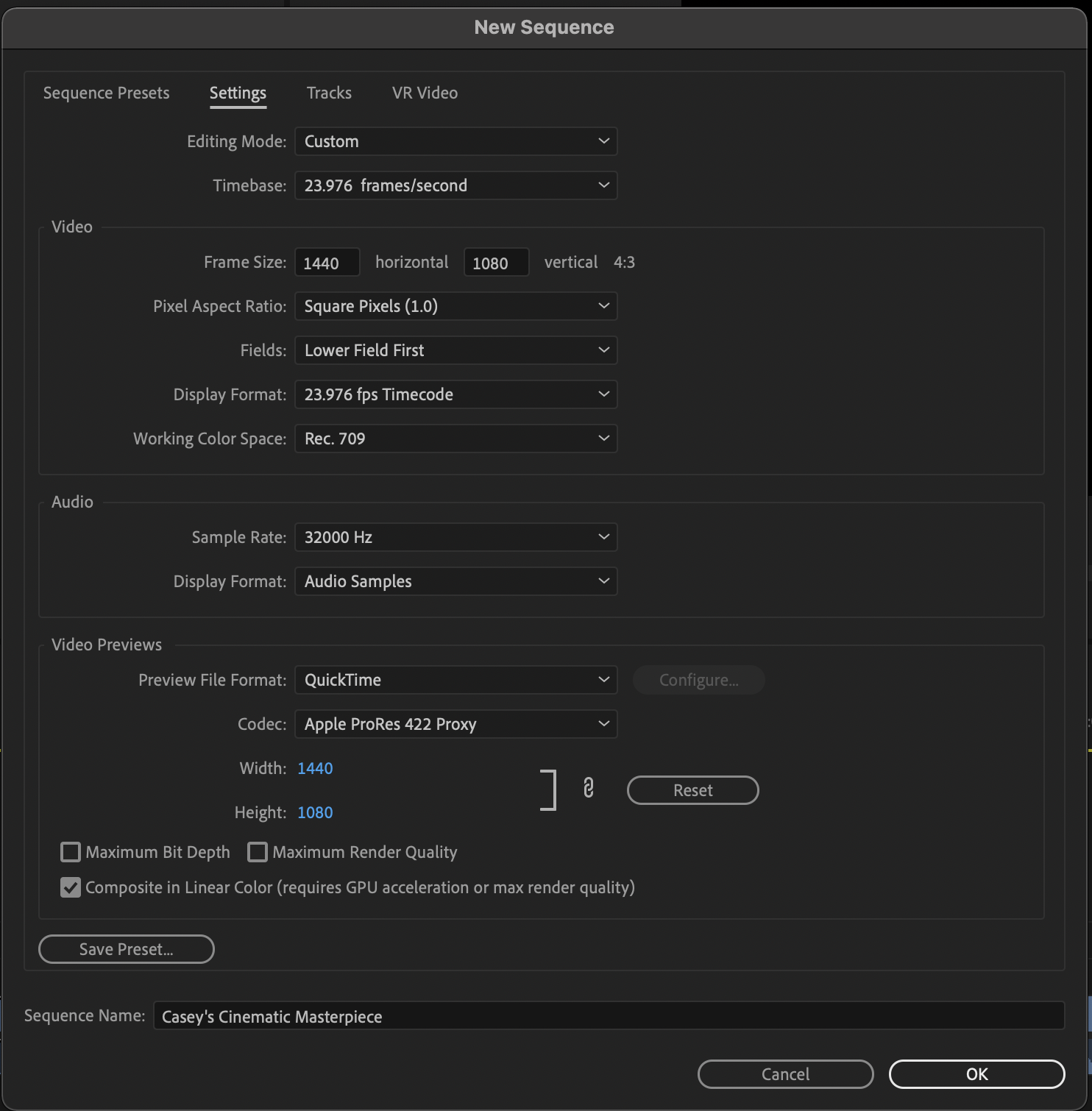Premiere's Sequence Settings