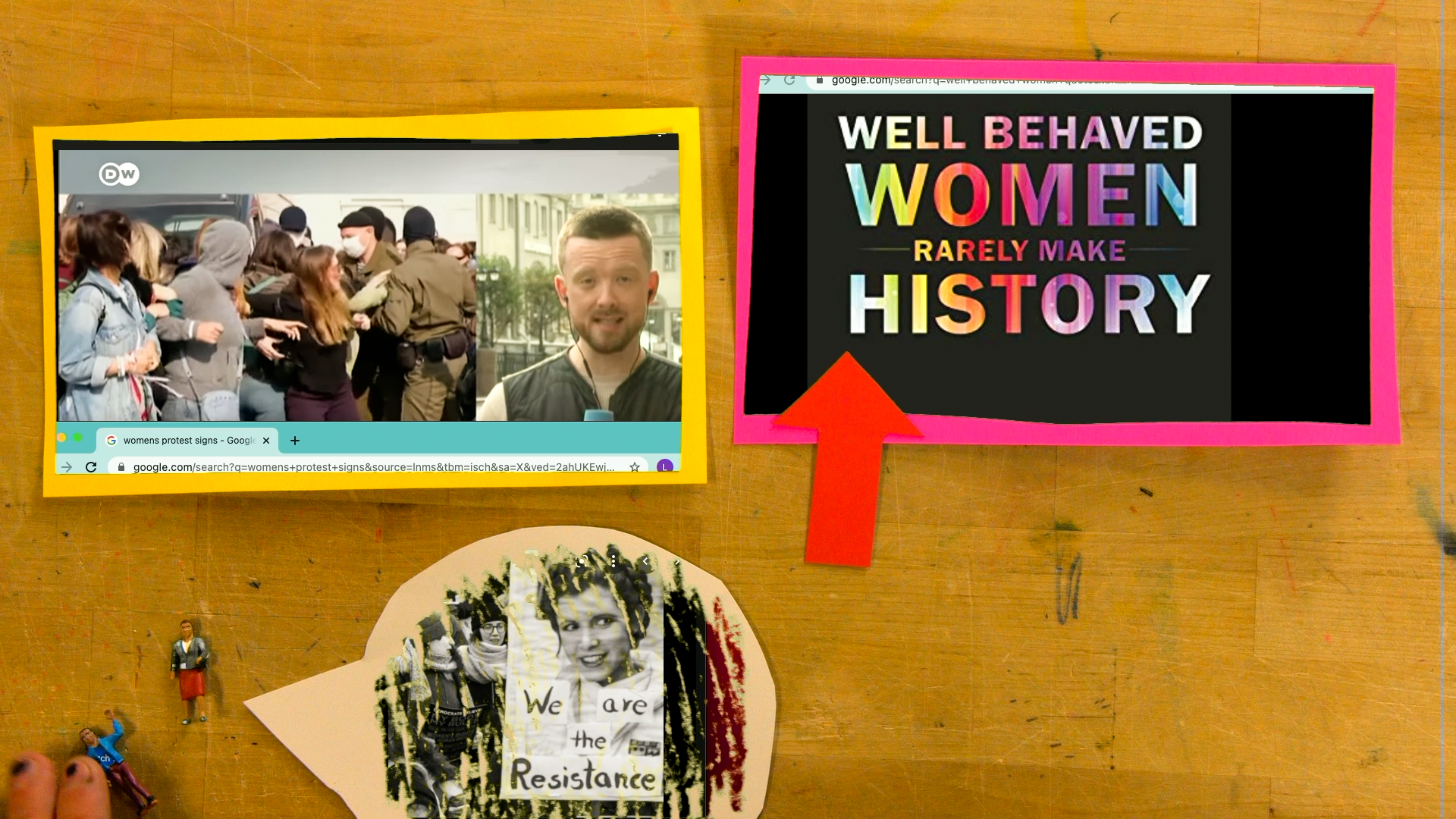 overhead camera with women's march collage