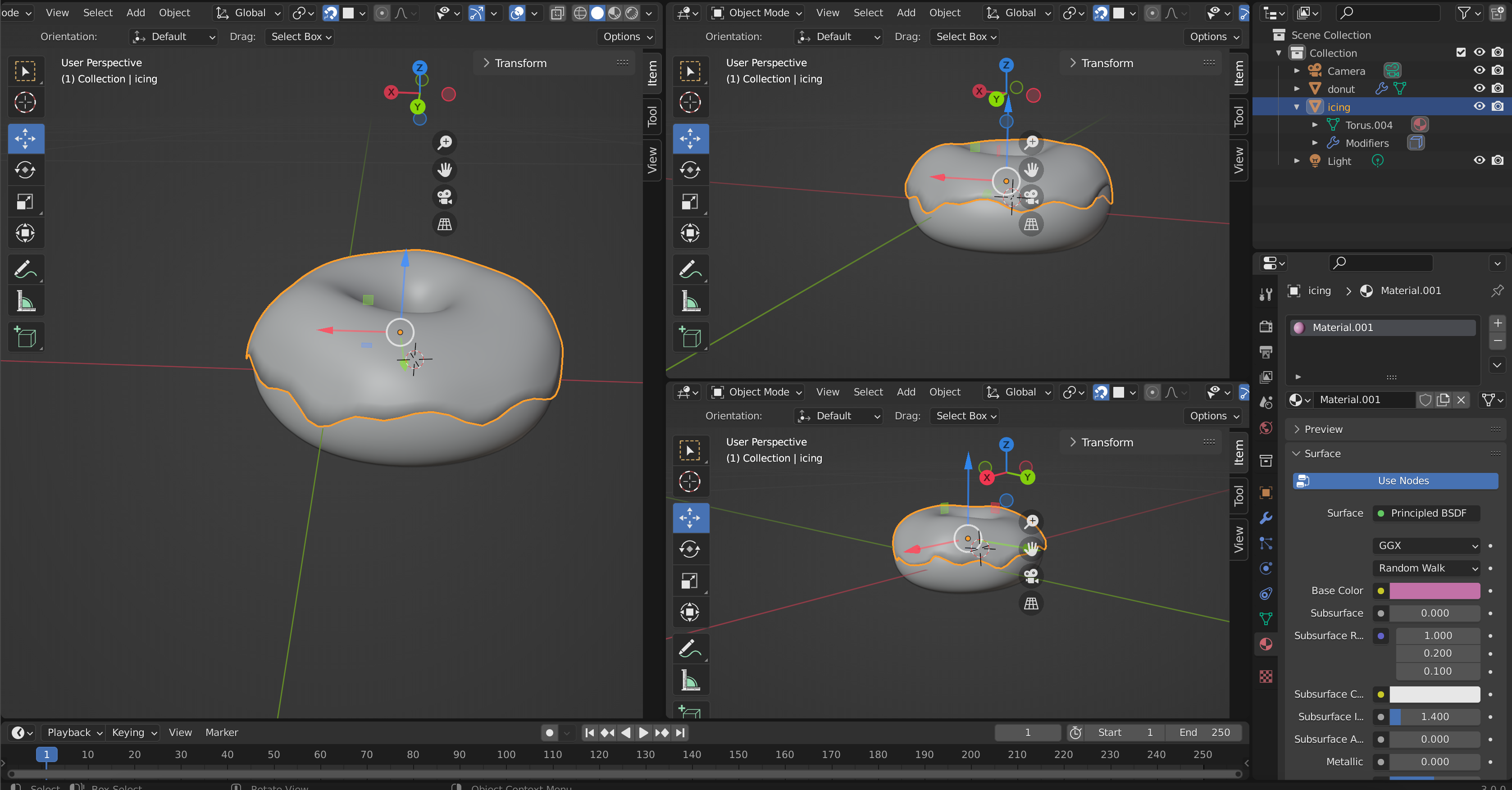 Donut with icing but before detailing is finished and color/texture has been added