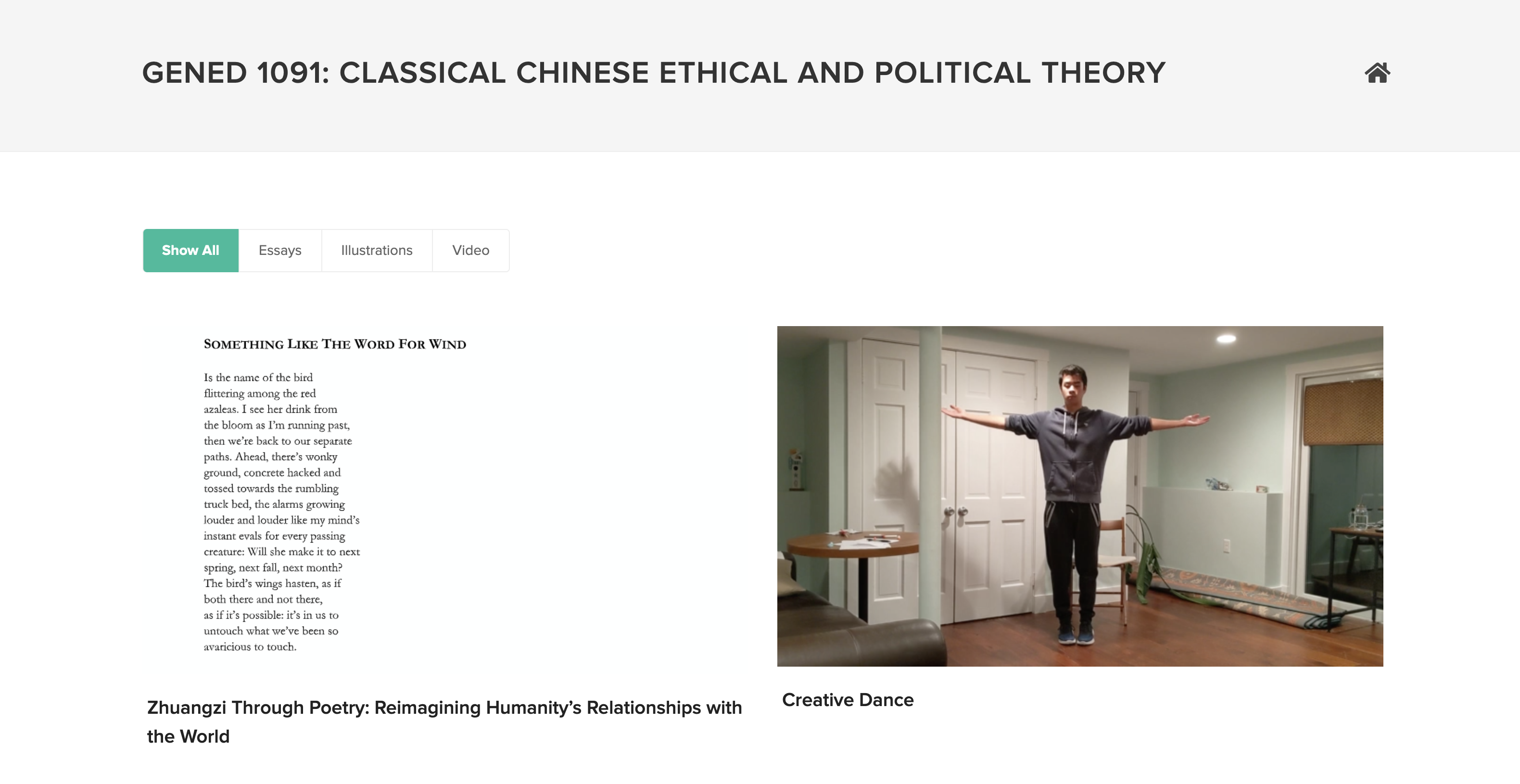 On this webpage, a poem accompanies a video of a student's creative dance