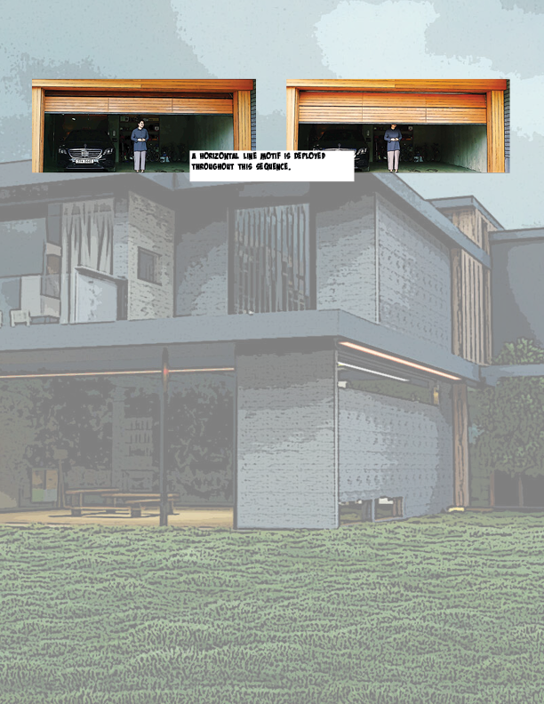 Page one of my comic about the film Parasite, showing the mother of the proletarian family looking out of a garage door as it closes