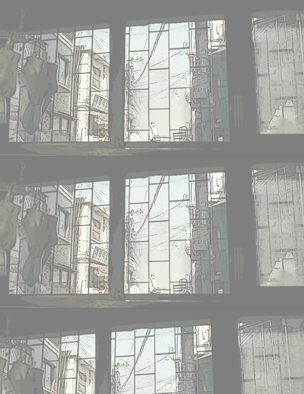 On page two of the comic book spread, I have placed a background image of the working-class family's limited view from their basement apartment. I repeated this image, creating a tile effect