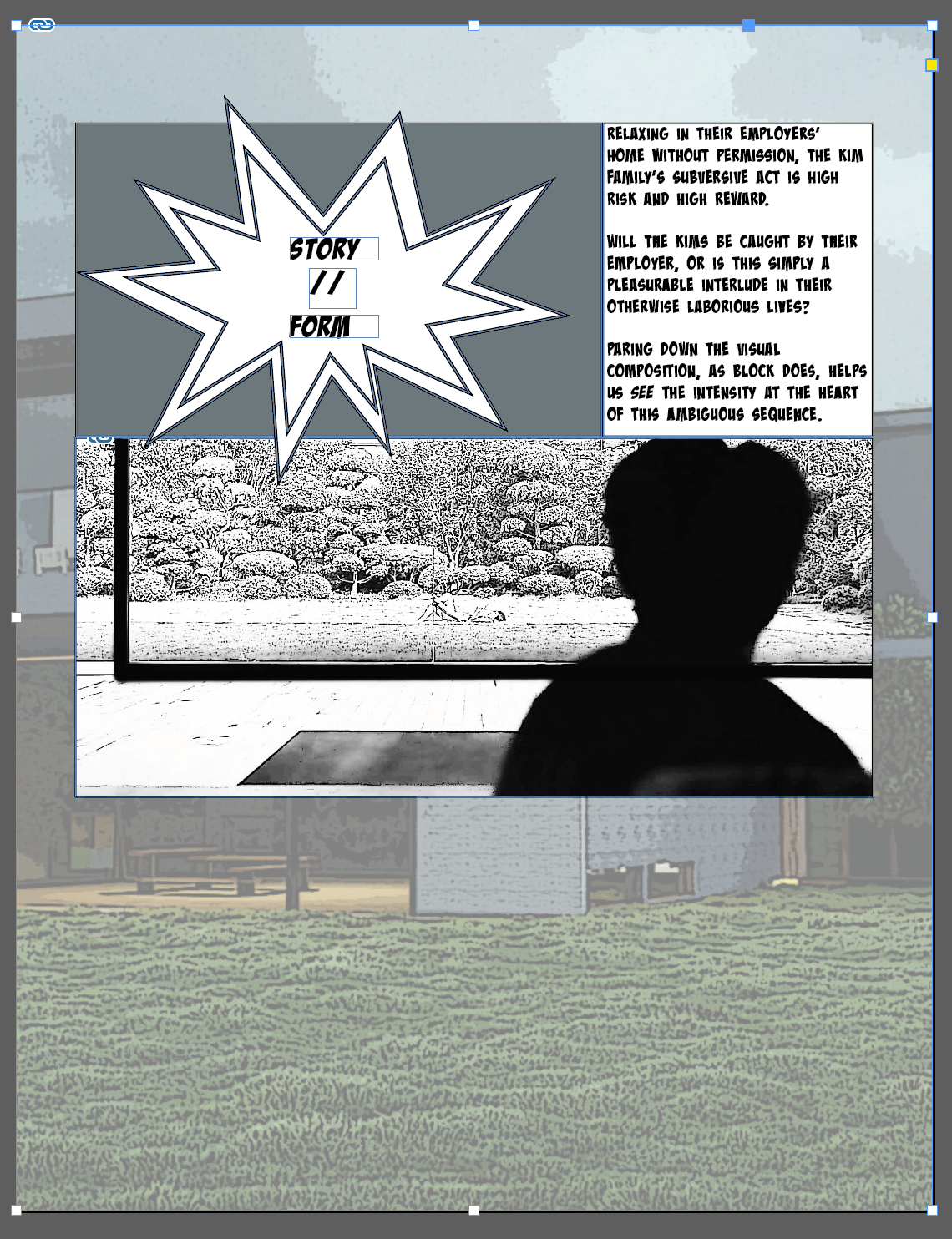 An image that shows page two of the comic book spread. In the top left corner, there is an explosion graphic that says "Story parallels form". To the right, there is some text and below a black and white image from the film, of a mother gazing out at her son, who lays reading on the lawn.