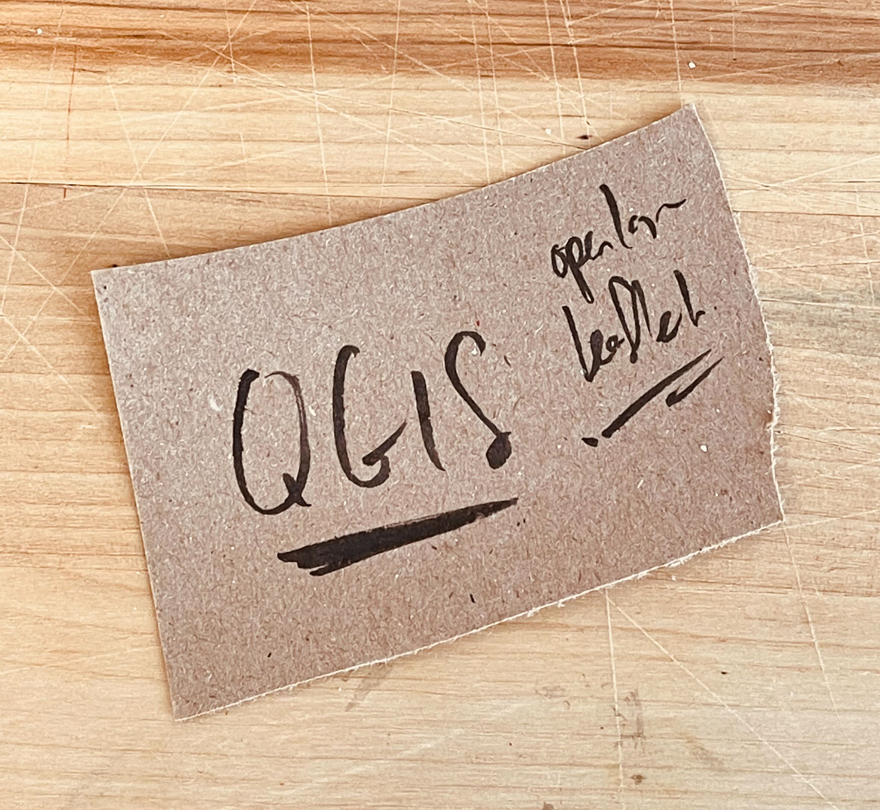 Overhead image of a card that reads "QGIS"