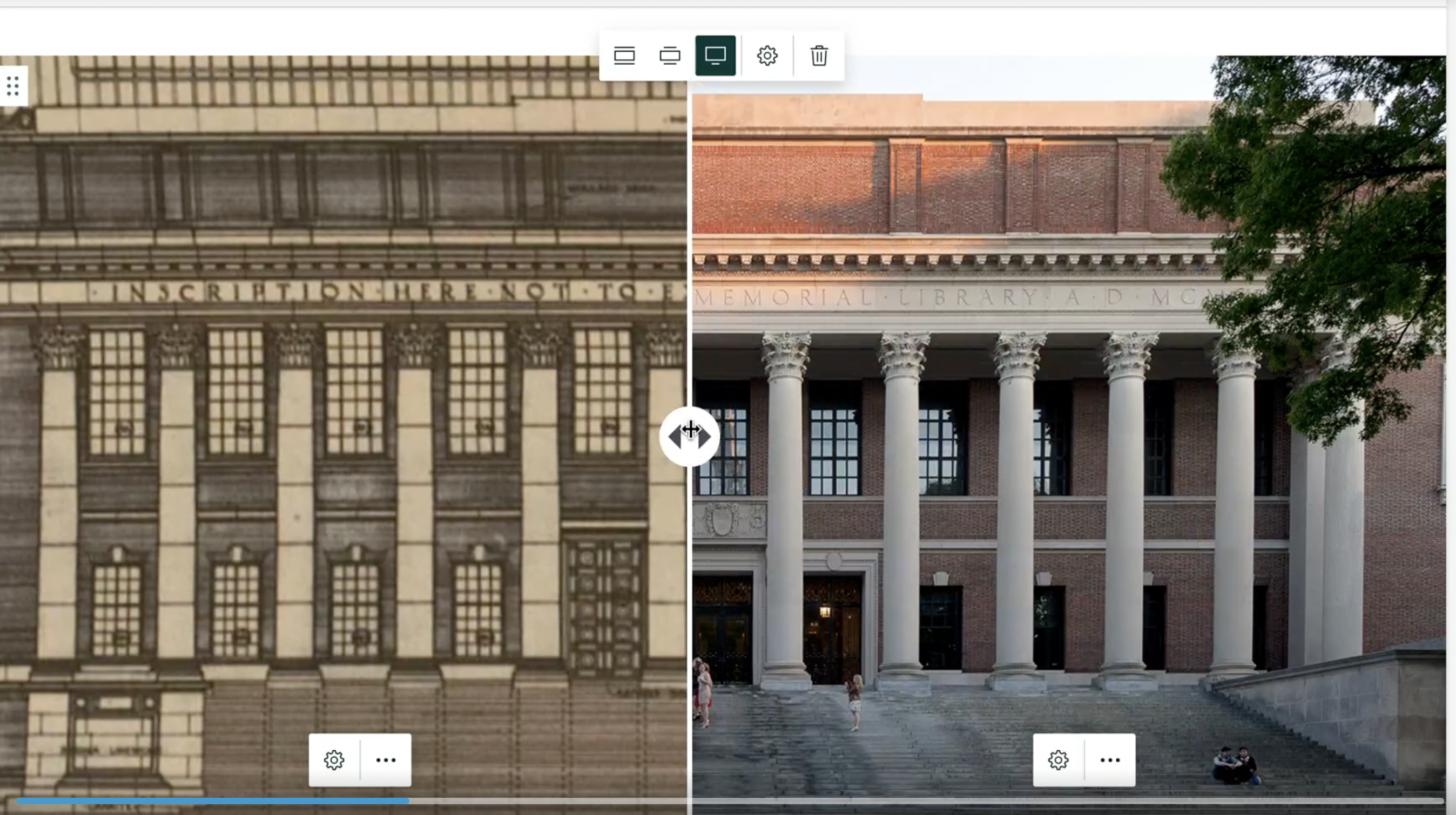 The left-half of the image is an illustration of a library and the right-half of the image is a photograph of the library
