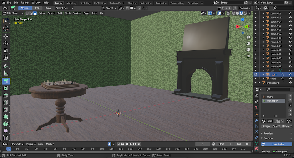 a screenshot of a 3D render of a plain-looking room with green wallpaper and dark wooden floor