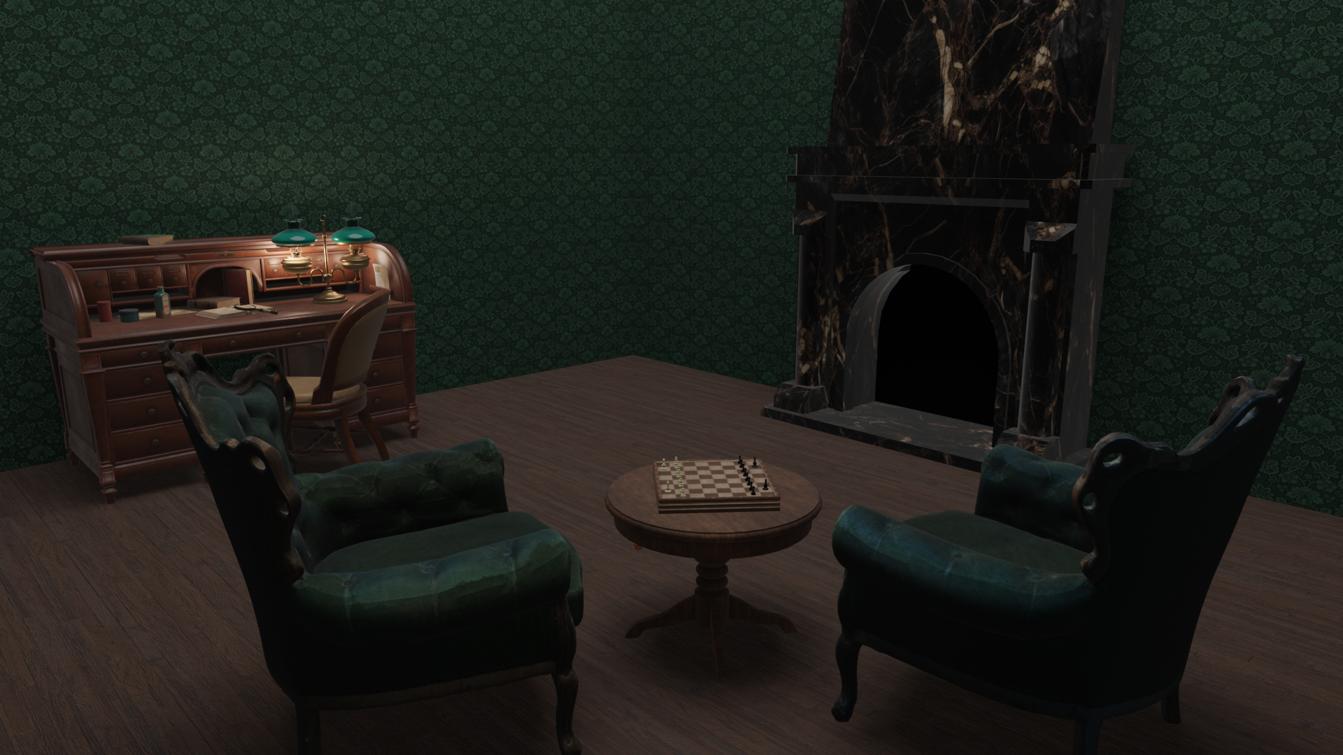 a 3D render of a room with a wooden floor and dark green wallpaper, containing two green armchairs, a table with a chessboard, a cluttered desk, and a marble fireplace
