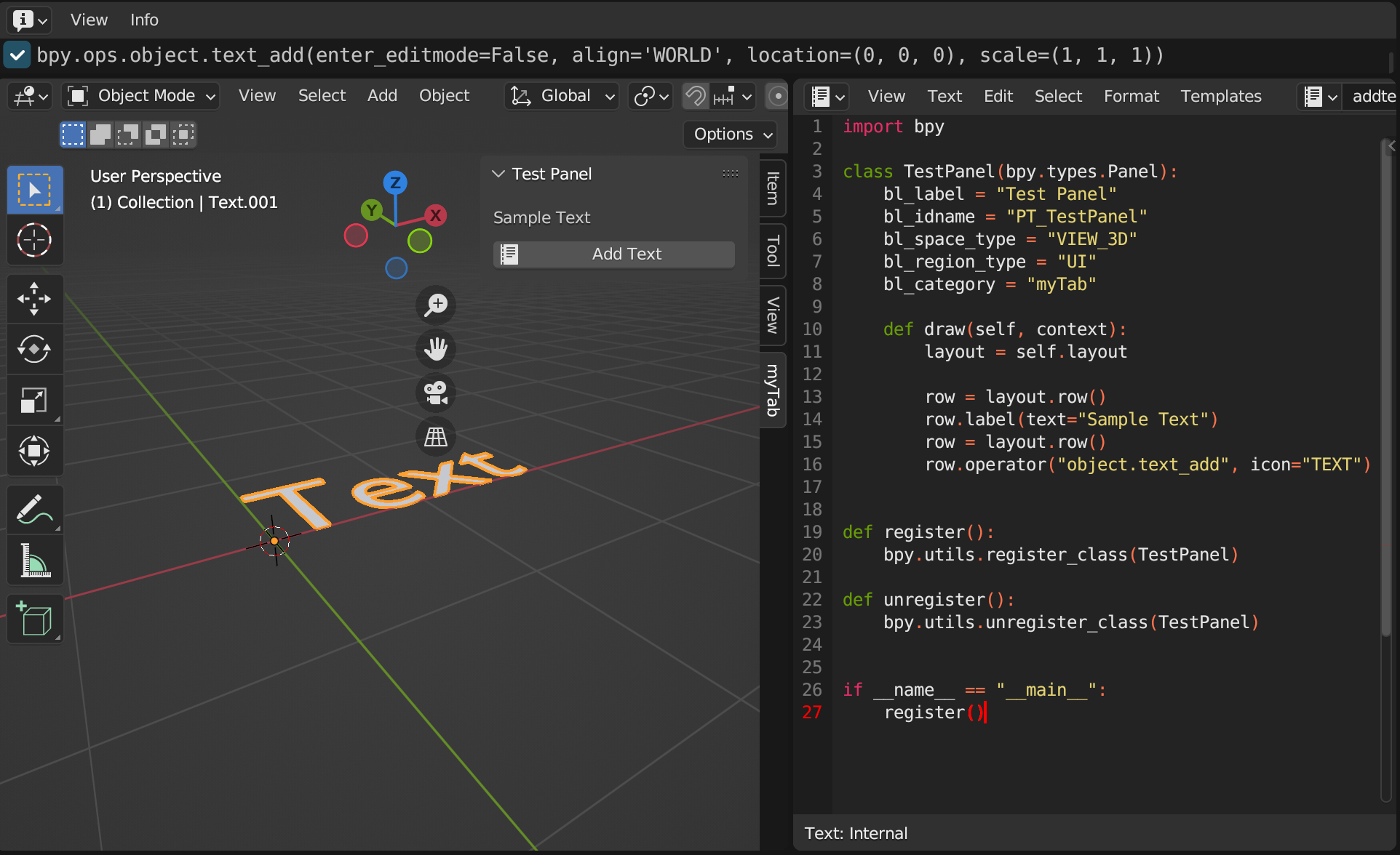 screenshot of Blender, showing a Python script for a button that adds a new text object. on the left side is what the 3D viewport looks like when the script is run