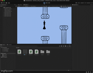 gif of an in-progress Flappy Bird clone made in Unity, with the player controlling a chess piece
