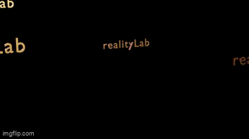 gif of a Blender render of many instances of the text "realityLab", rendered in metallic gold, falling in a black space