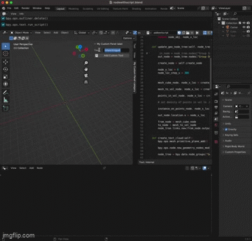 screen recording of Blender, showing a user typing "hello bok center" into a text box and hitting a button that adds that text as a text object into the scene