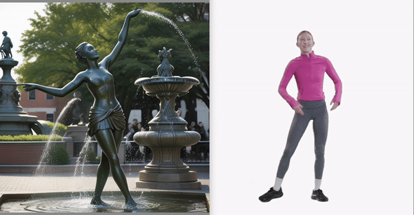 On the right, a student poses on the green screen with her hands up and legs crossed. On the left, her shape is transformed into a statue.