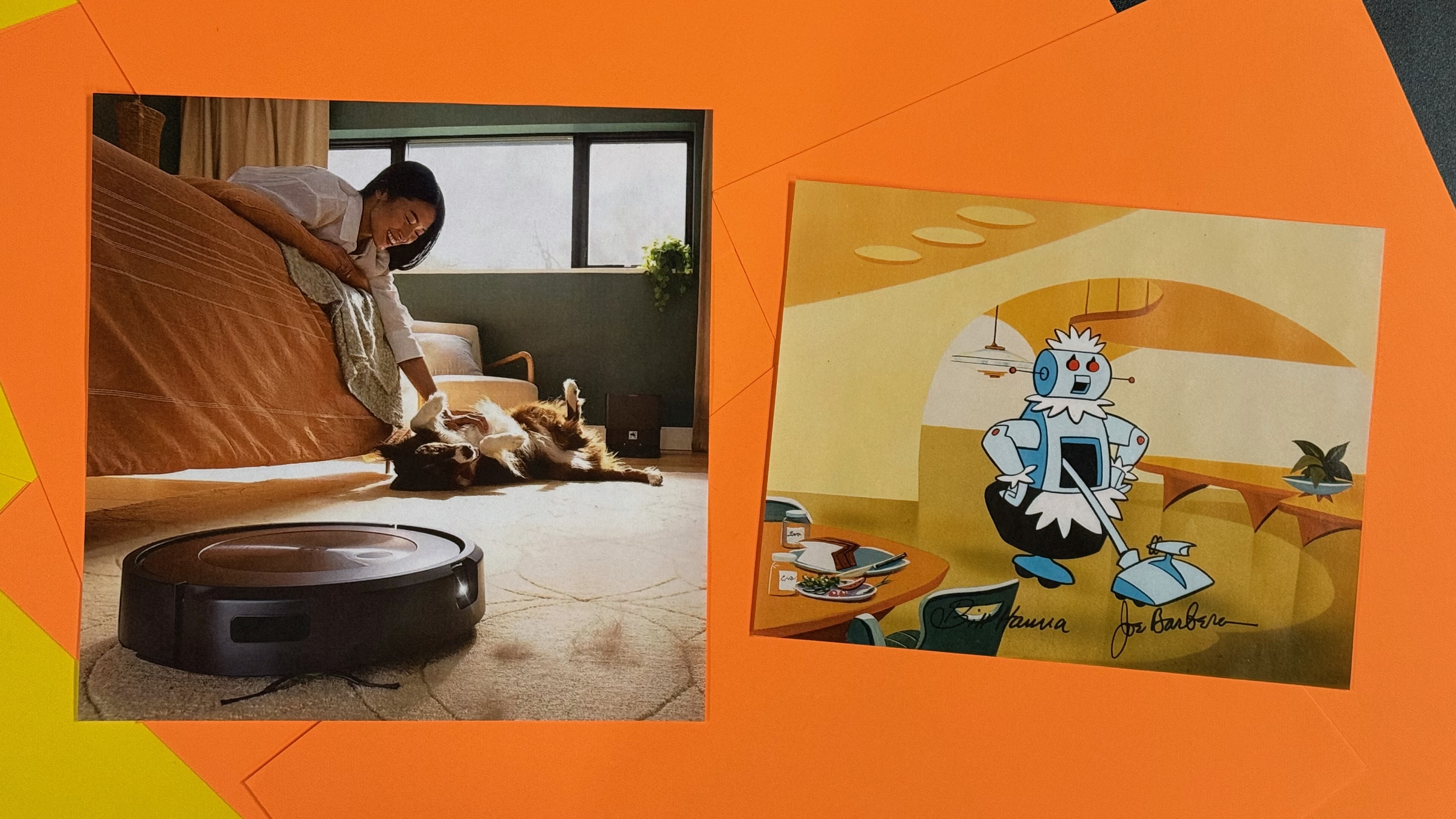 two images side by side. the one on the left: a woman rubbing a dog's belly in the background, while in the foreground a Roomba vacuum cleans up dog hair. the one on the right: the robot Rosey from the television show The Jetsons cleaning