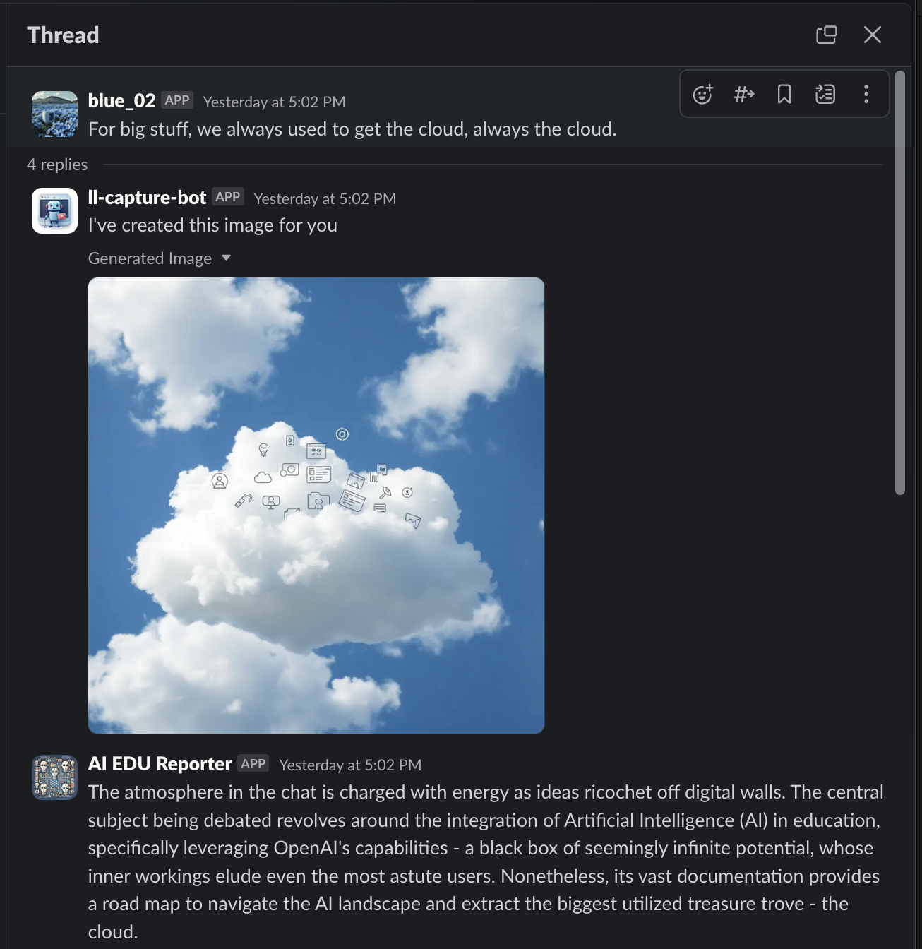 a screenshot of a slack thread, consisting of a transcribed messge, an AI generated image of clouds with app icons on top in response, and another bot generated response underneath