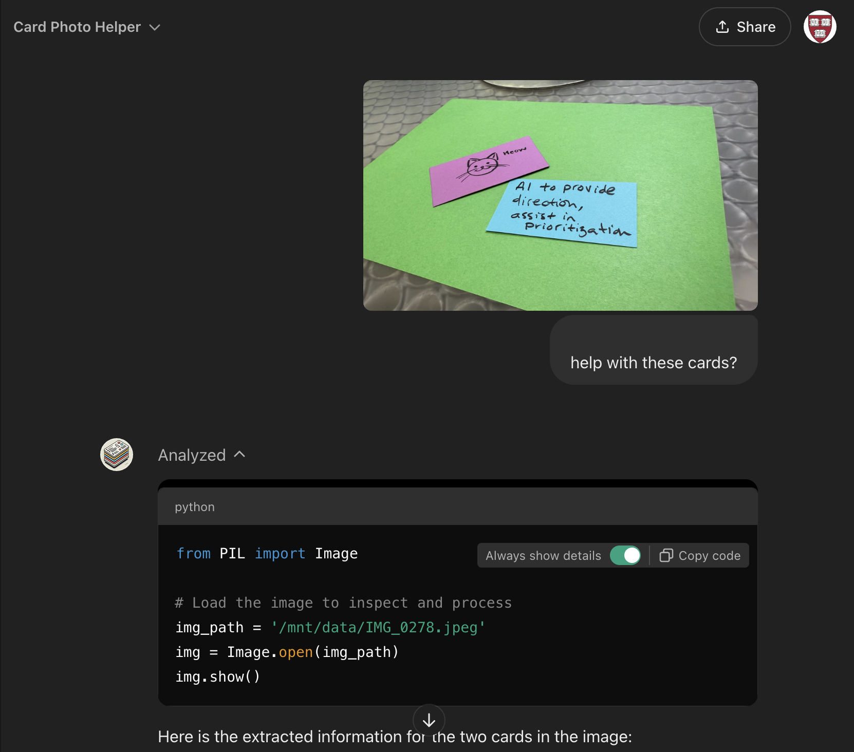 a screenshot of an AI tool interpreting the purple and blue cards and giving code that can be used to analyze their visual data
