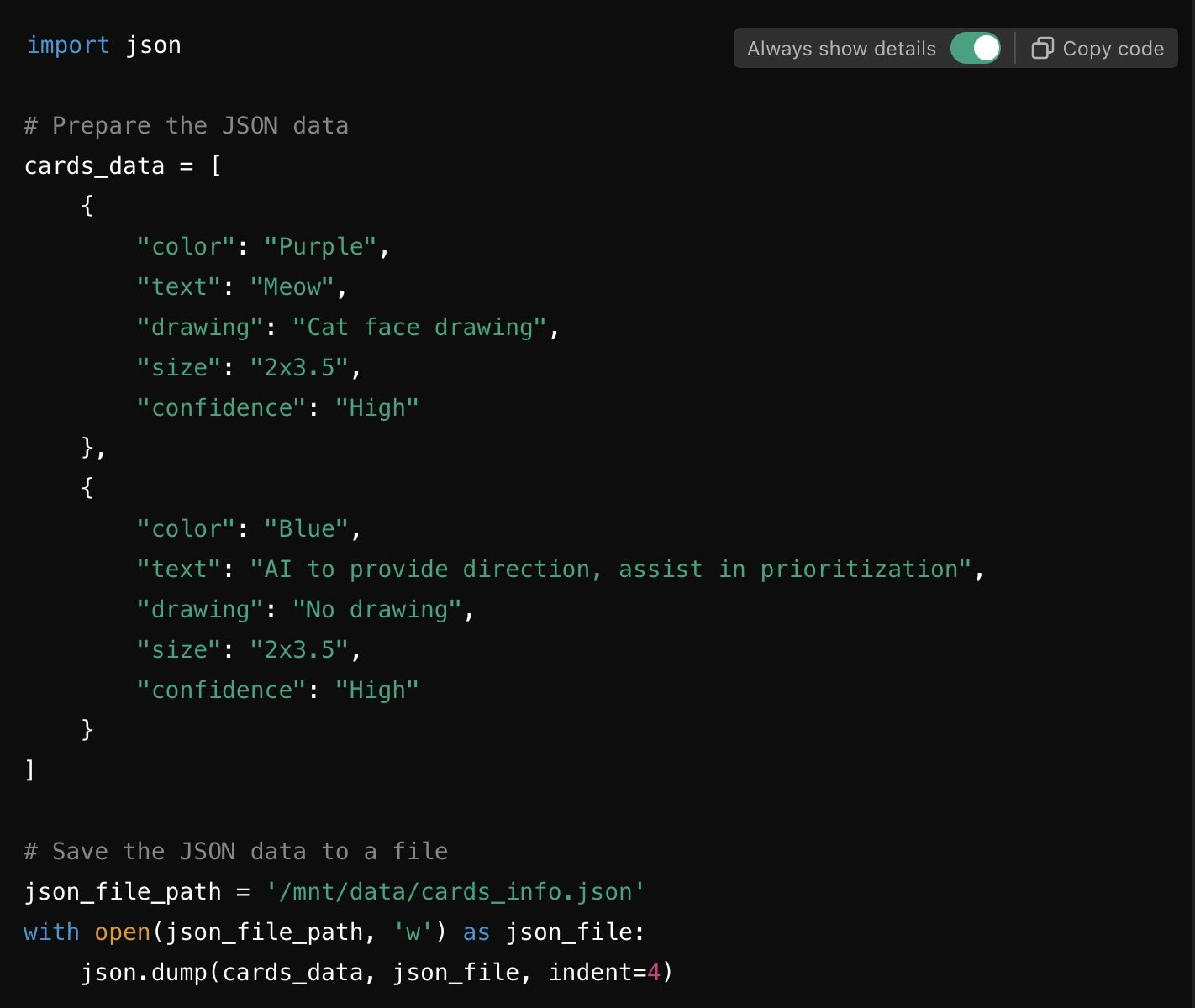 a screenshot of code that returns JSON data with information about the purple and blue cards