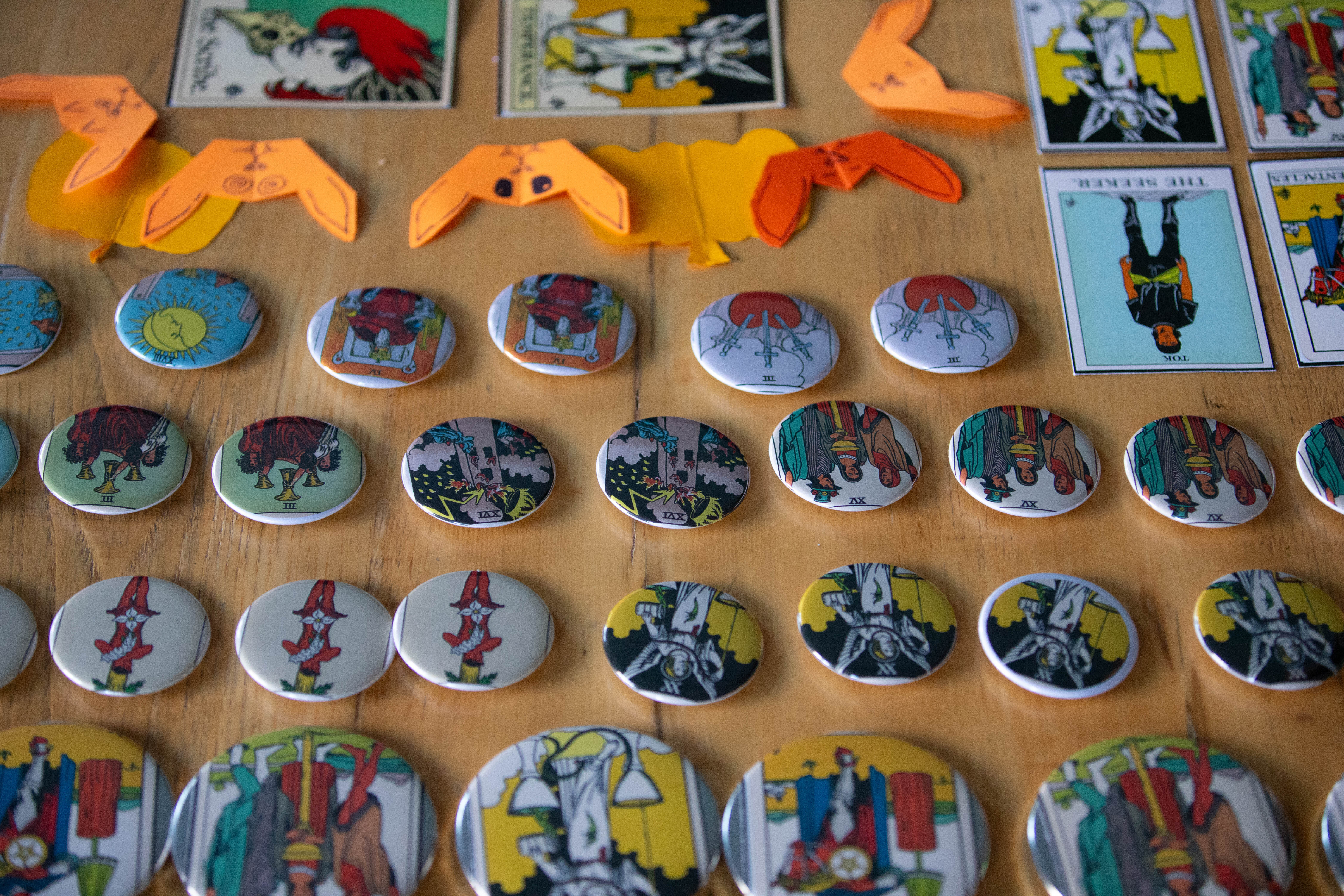 halloween-themed buttons and materials made for the event