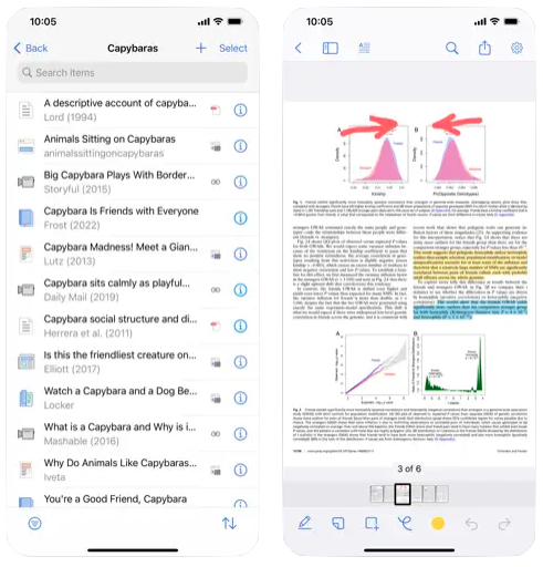 Screenshot of the Zotero iOS app displaying a synced library and an open annotated PDF.