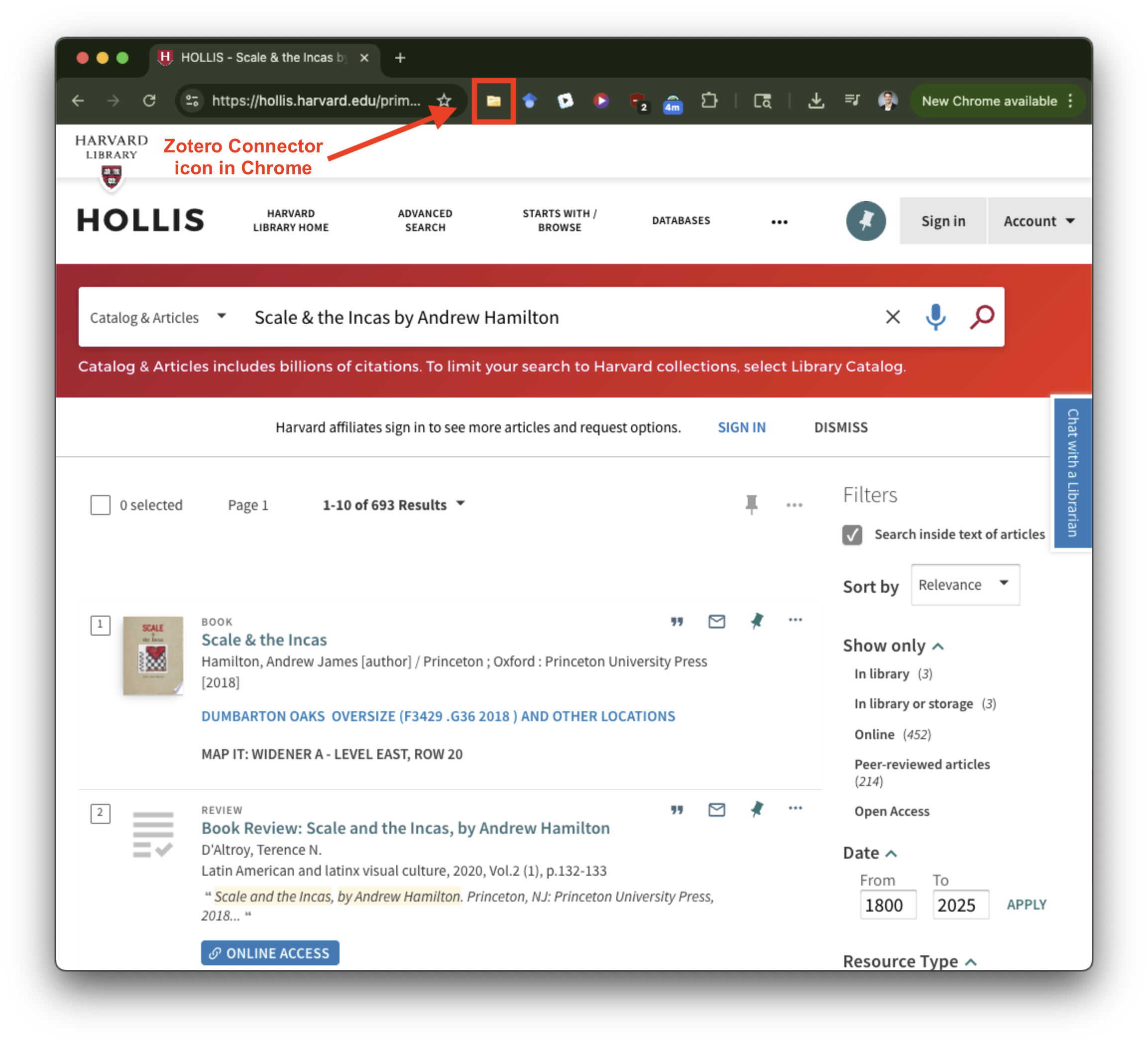 Screenshot of the Zotero browser connector capturing a citation from an online article page in a web browser.