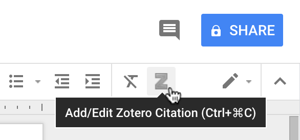 Screenshot showing the Zotero citation options (Add/Edit Citation and Add/Edit Bibliography) available in the Google Docs menu.
